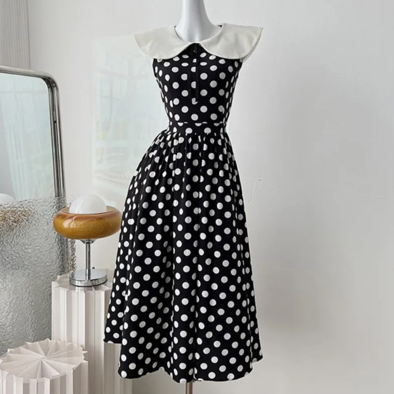 

Платье-футляр без рукавов с воротником-стойкой, женское летнее платье в горошек без рукавов