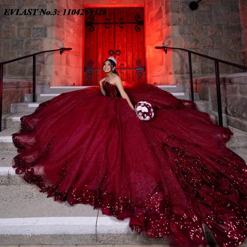 

EVLAST Customized 2025 Burgundy Quinceanera Dress Ball Gown Applique Beading Mexican Corset Sweet 16 Vestido De 15 Anos E3Q194