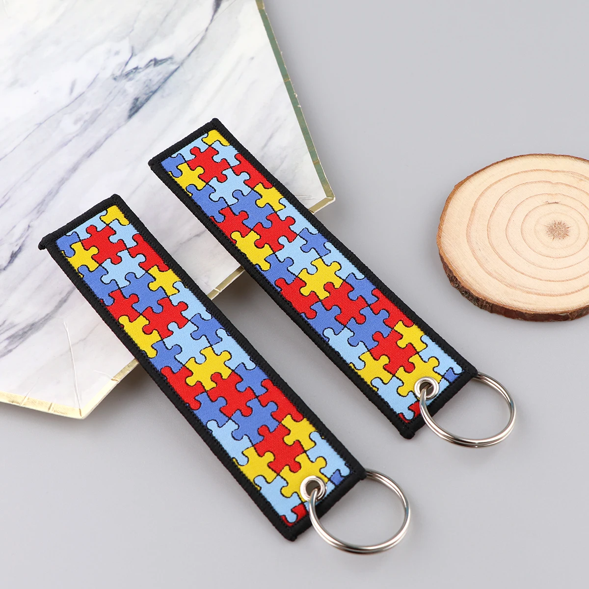 Autism Awareness Puzzle Embroidery Key Fobs Key Pendant Key Tag Motorcycle Keychain for Car Key Ring Nurse Doctor Accessories