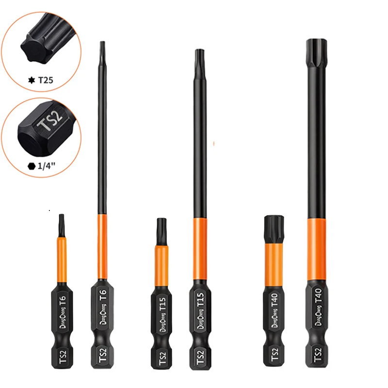 2pcs Torx Security Screwdrivers Set 50+100mm TS2 Steel Magnetic T6-T40 Bits 1/4 Hex Shank for Automotive Electronic Repair