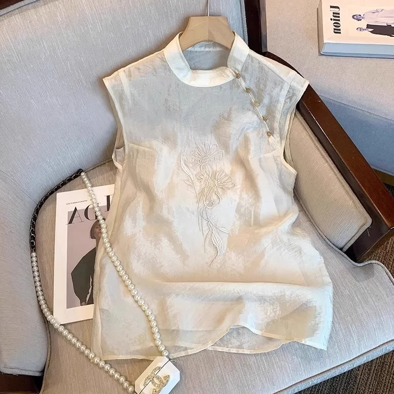 

Новый китайский с вышитым воротником-стойкой Svel irt, женский летний модный универсальный топ, удобный свободный крой