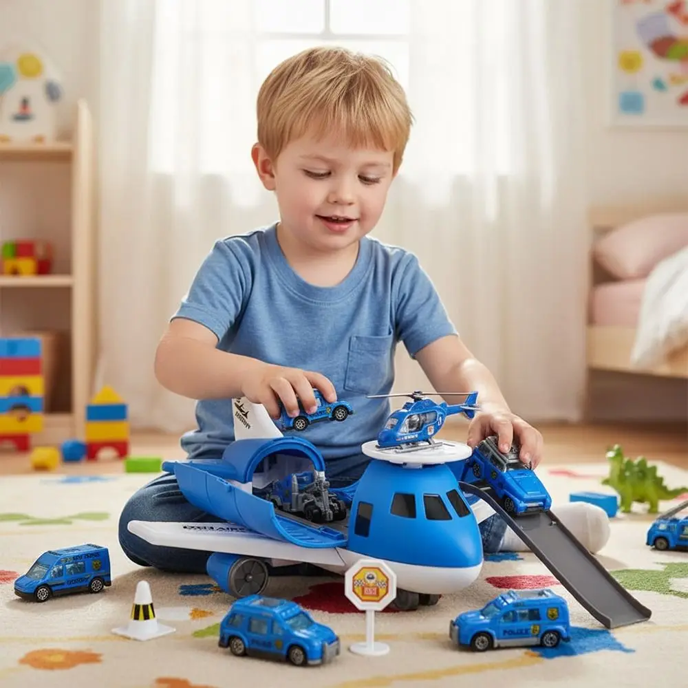 創造的な赤と青の慣性レール飛行機のおもちゃ、変形可能なトラック、ランダムな車、慣性車、飛行機モデル、道路標識、プラスチックトラックのおもちゃギフト