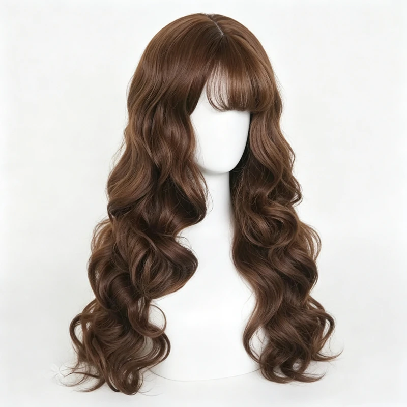 Peruca Longa Ondulada Marrom com Franja Sintética para Mulheres, Estilo Lolita Cosplay, Fofa, Natural, Resistente ao Calor, para Uso Diário e Festas