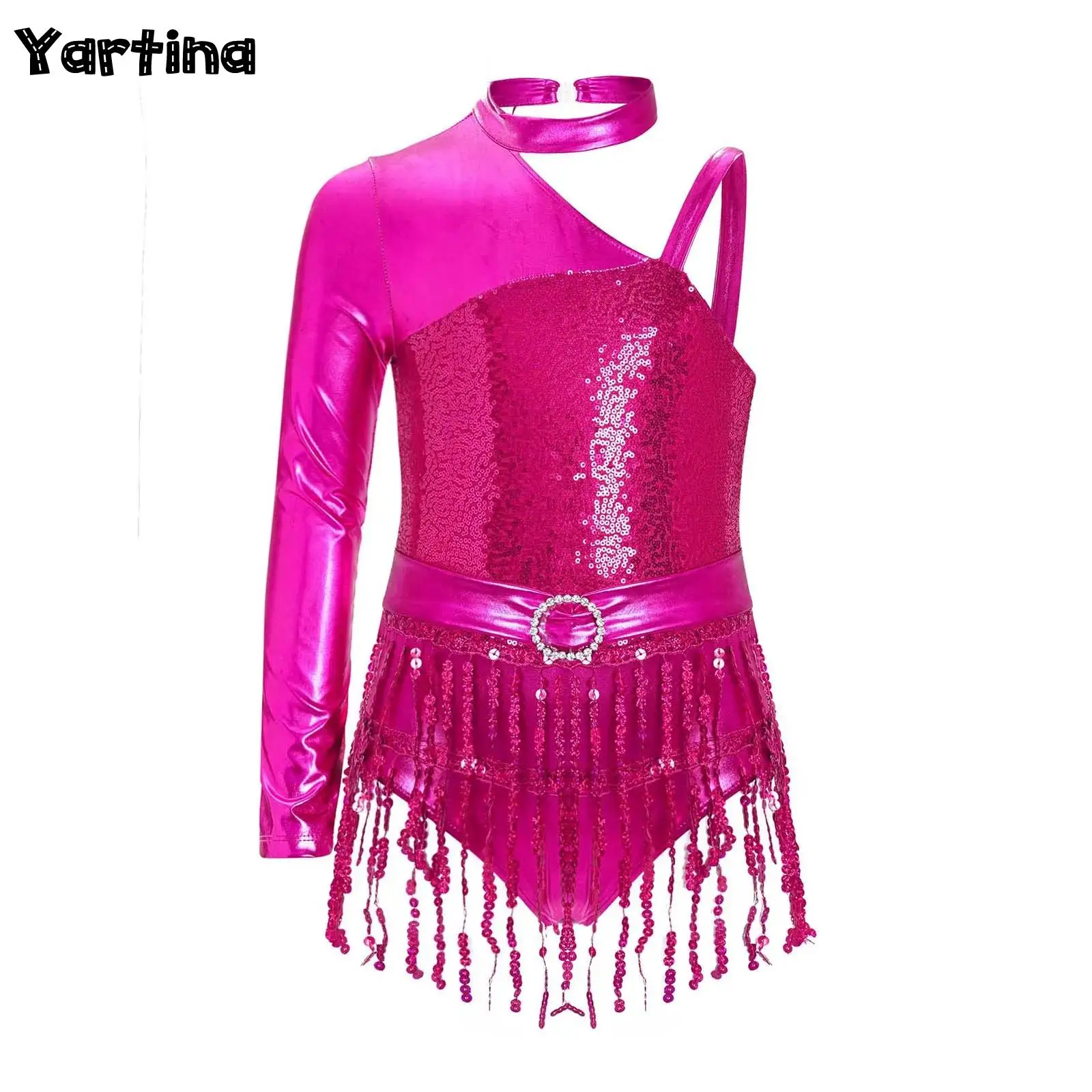 

Kids Girls Sparkly Sequins Tassels Metallic Ballet Leotard Latin Jazz Dance Performance Costume Asymmetrical Shoulder Bodysuit
