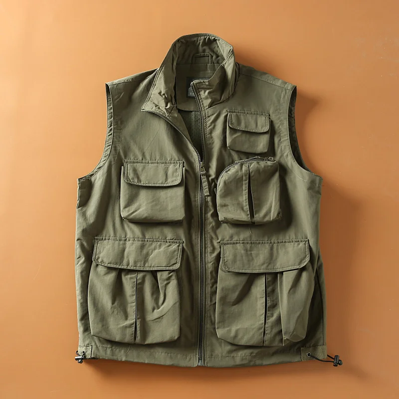 Men's Multi Pockets Hunting Vest Casual Spring Outerwear Solid Color Loose Workwear Fishing Outdoor Coat