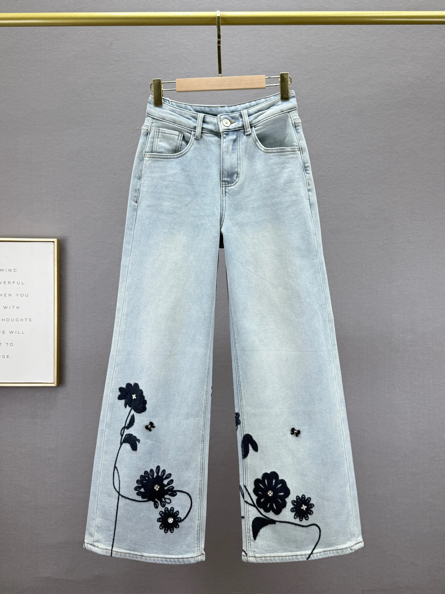 

High Waist Fce Lined Embroidered Women's Jeans Loose Fit Slimming Chinese Sle Wide Leg Pants Winter Collection