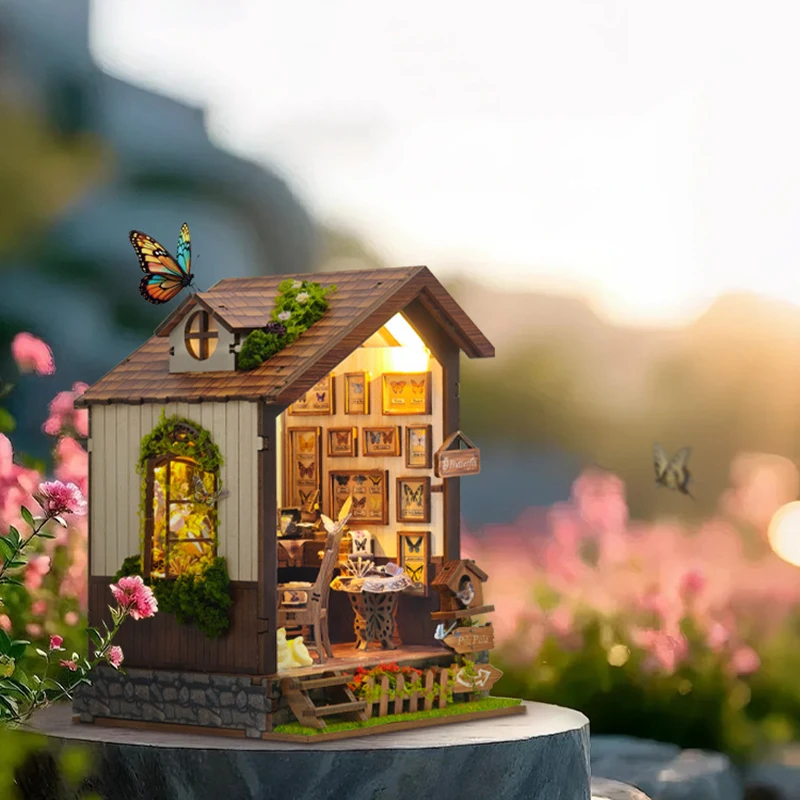 لتقوم بها بنفسك بيت الدمى الخشبي فراشة منازل نموذج مصغر مع مجموعة الأثاث ثلاثية الأبعاد تجميع لعبة للأطفال الكبار هدية عيد ميلاد كازا