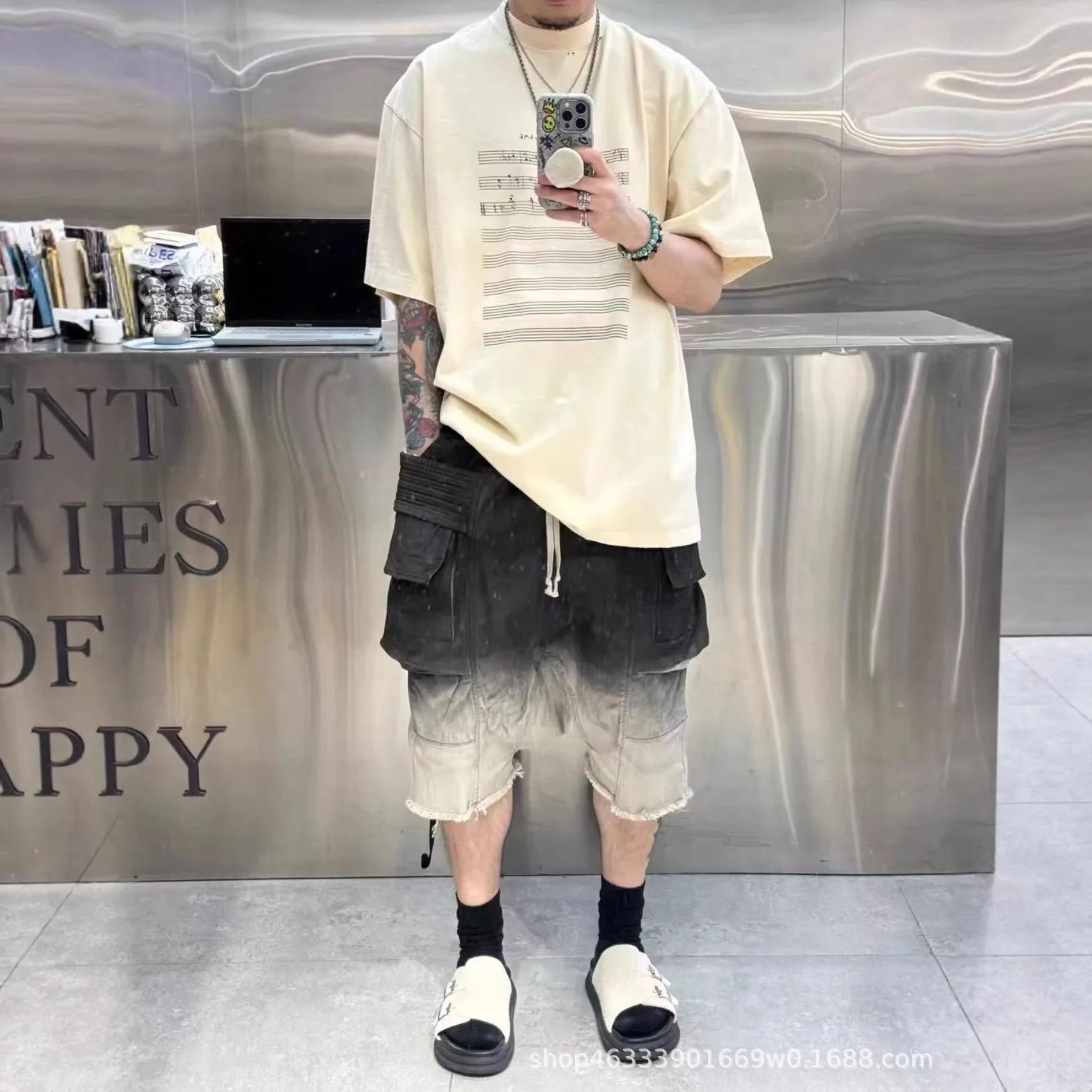 

Rick RO Dark Style Gradient Color Washed Waterproof Loose Fit Two-Piece Waistband Short Pants, Five-Piece Pants, Harem Pants