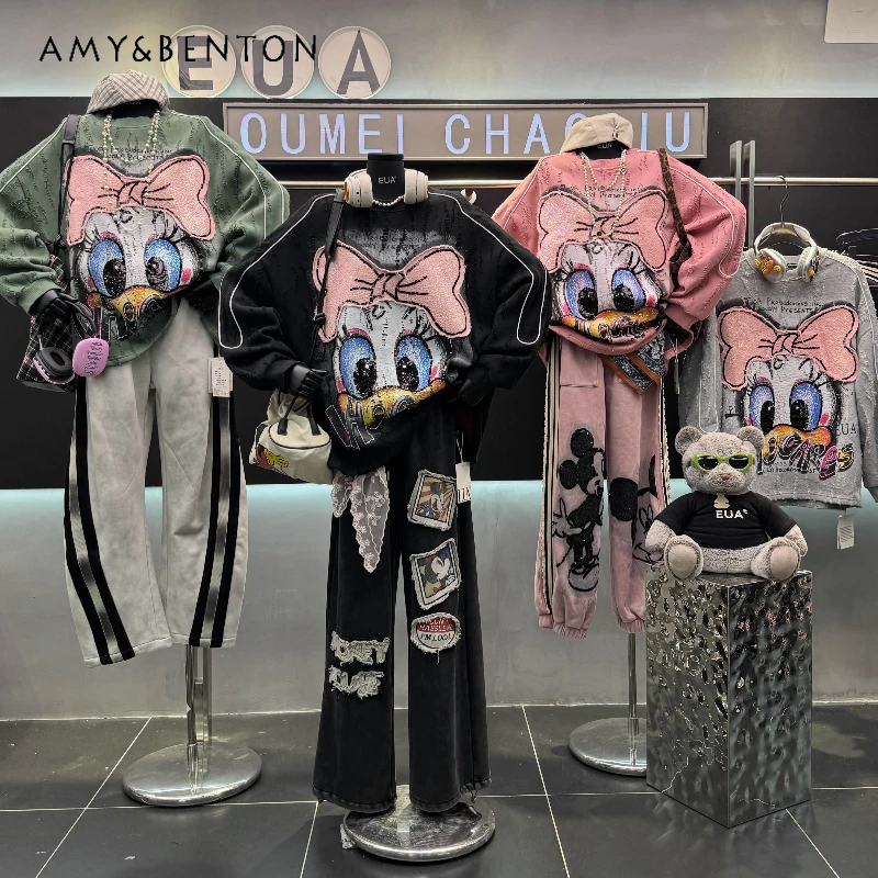 

2025 Winter New Heavy Beaded Embroidery Cartoon Fleece Sweatshirt Jacket Ladies Loose Versatile Casual Y2k Top Sudaderas Mujer