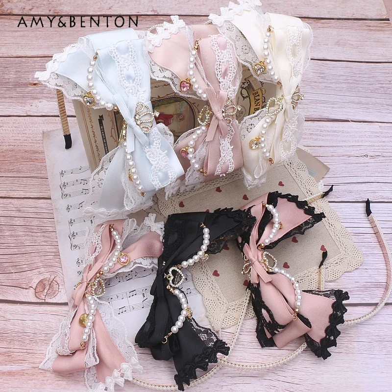 Handmade Japanese Mine Sweet Big Bow Lace Crown Rhinestone Beaded Hair Accessories Kawaii All-Match Lolita Headbands for Women