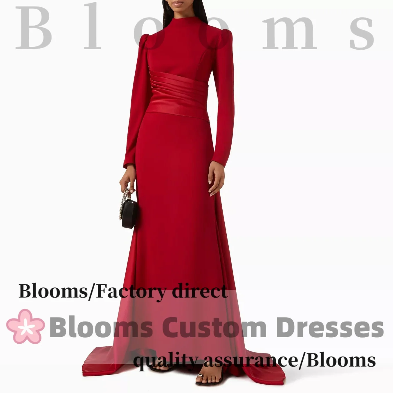 Customized Red High Neck Formal Evening Dress Long Sleeve Pleated Waist Satin Train Prom Elegant Party Dress
