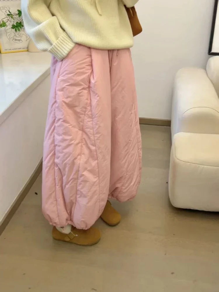 กางเกงขายาวทรงหลวมสไตล์ญี่ปุ่นสำหรับผู้หญิงไซส์ใหญ่ กางเกงบลูมเมอร์หนา อุ่น ใส่สบาย เอวสูง มีเชือกผูก เข้าได้กับทุกชุด ทรงตรง