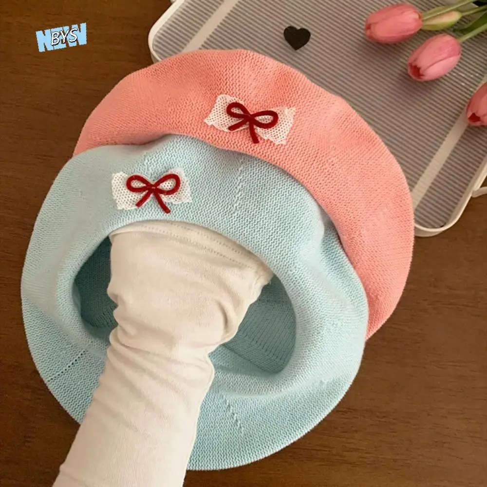 

Autumn Solid Color Bow Knitted Painter Hat Sweet Casual Embroidered Beret Breathable Korean Style Korean Artist Hat Streetwear