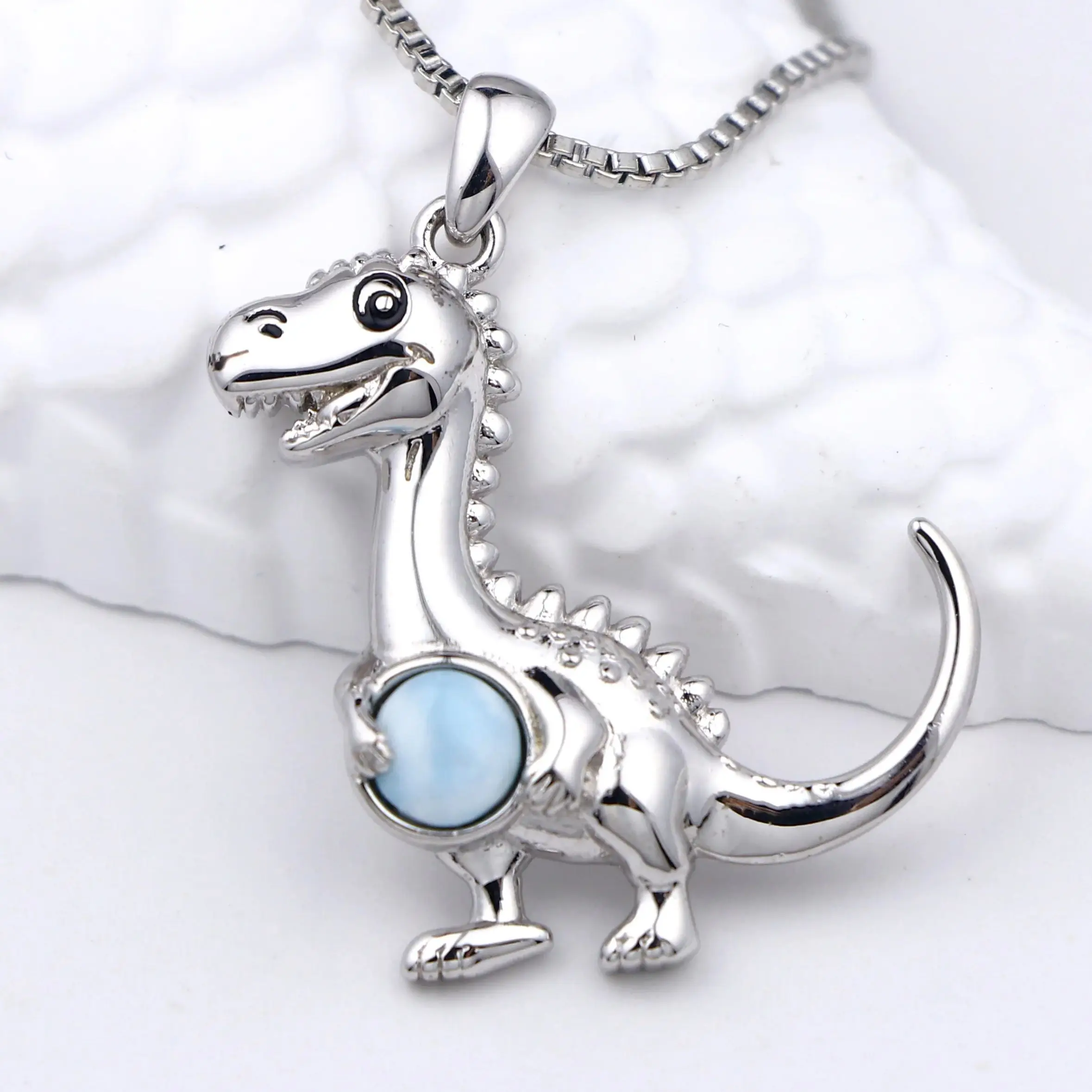 

Trendy Dinosaur Necklace: Rhodium Plated Copper Pendant with Genuine Larimar Gemstone, Fashion Jewelry Gift for Women