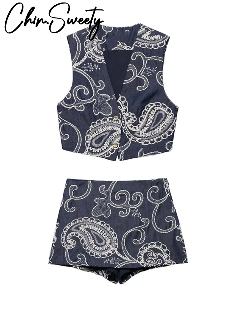 

Модные женские шорты с вышивкой и принтом, костюм с v-образным вырезом, жилет без рукавов, женские комплекты на пуговицах, лето 2022, сексуальный комплект из 2 предметов для женщин
