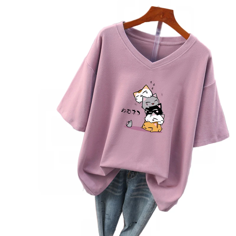 Plus Größe 200 Pou Reine Baumwolle ort Sve T-shirt frauen Lose V-ausschnitt Koreanische Sle Sommer Kleidung Abnehmen Bauch Abdeckung