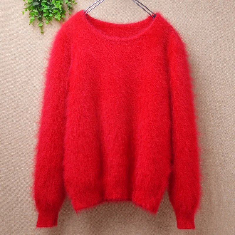 01 Female Women Fall Winter Clothing Hairy Mink Cashmere Knitted O-Neck Long Sleeves Slim Blouses Pullover Angora Fur Sweater