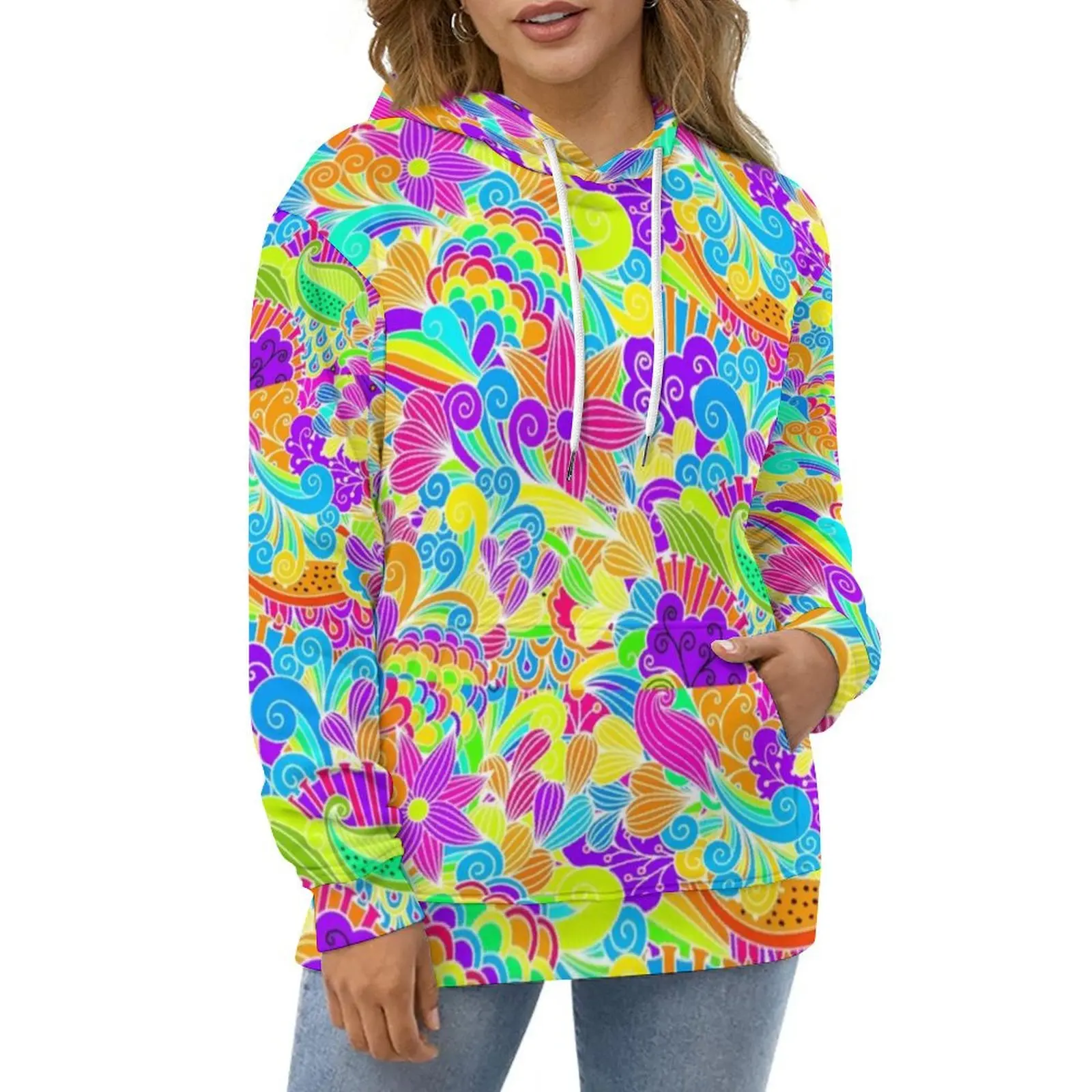 

Colorful Hippy Hoodies Long Sleeve Retro Floral Modern Casual Hoodie Winter Street Fashion Oversized Loose Hooded Sweatshirts