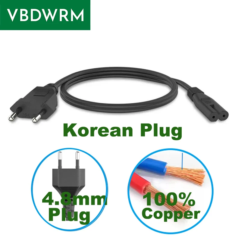 Korea-Netzsteckerkabel, koreanischer 2-poliger AC-Netzstecker auf IEC 60320 C7-Figur, 8-Netzkabel für Drucker, PS4, Xbox, PS5, Fernseher und mehr