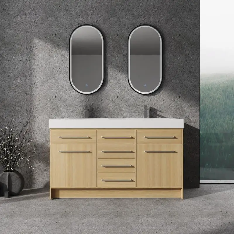 

60" Freestanding Bathroom Vanity with Double Sink, Soft-Close Doors & Drawers, Original Oak Finish, Plywood Construction