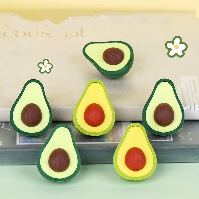 4-Piece Set of Avocado-Shaped Erasers in Random Colors, High-Quality Student Stationery, Avocado Erasers That Clean Without Leaving Marks, Writing and Correction Supplies, Essential for Study and Office Use