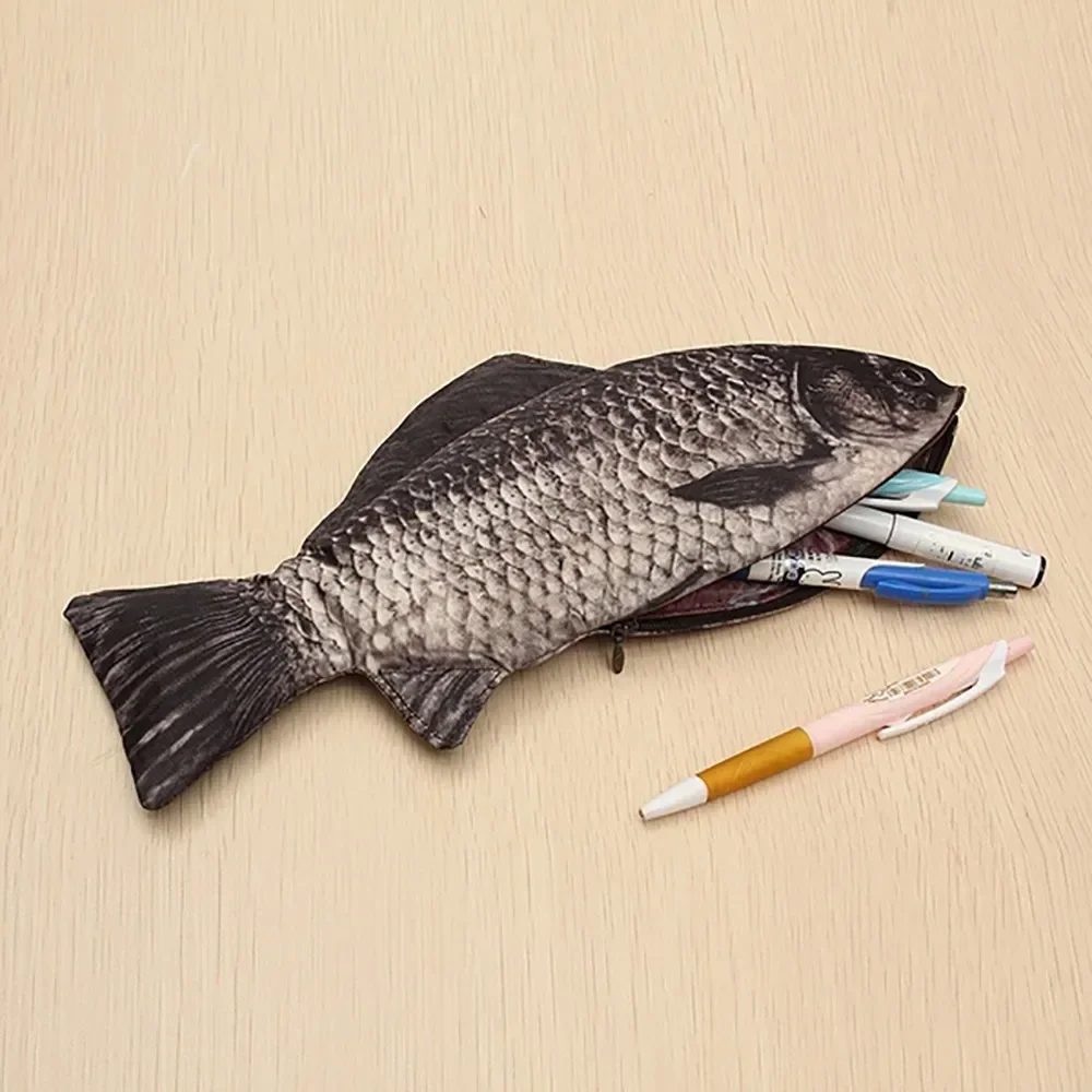 Pochette de maquillage réaliste en forme de poisson, sac à crayons, carpe, stylo à bille humoristique, étui à bille avec fermeture éclair pour la rentrée scolaire