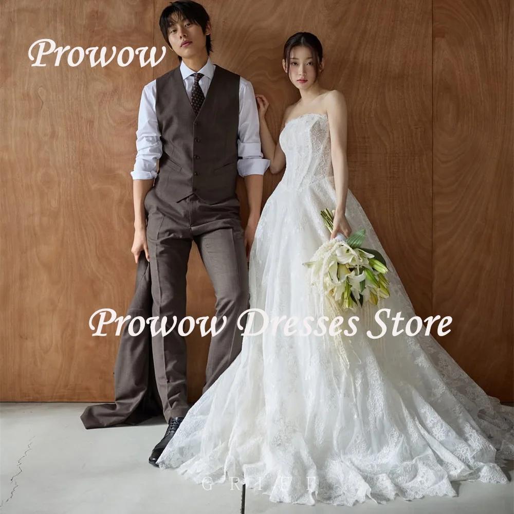 

Prowow Elegant Lace A Line Wedding Dress Korea Photo Shoot Ivory Strapless Bridal Gown Floor Length Corset Zip Free Customized