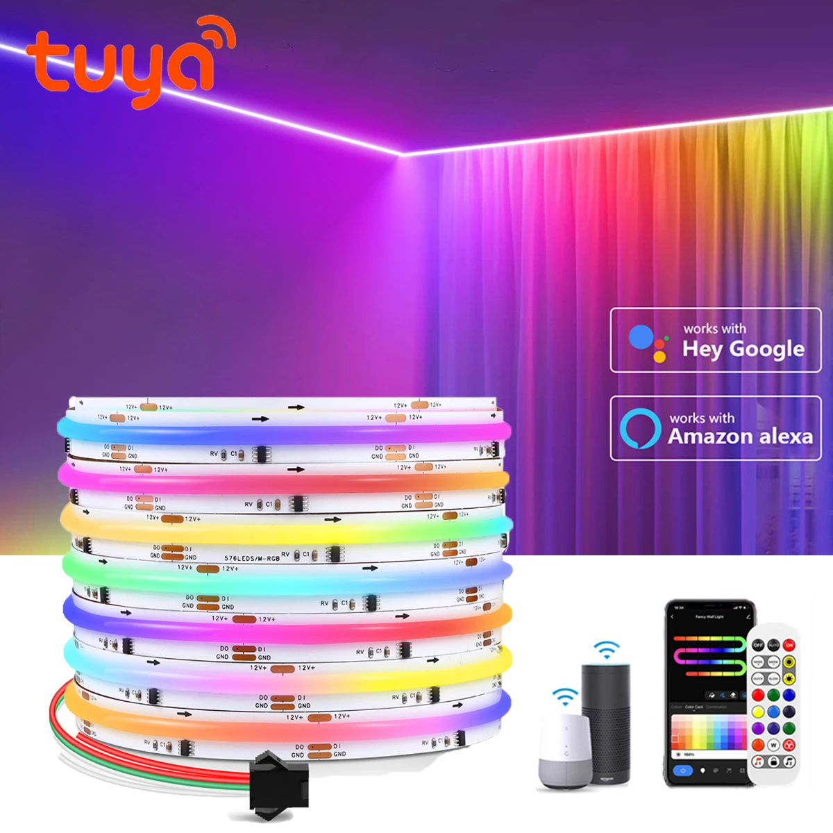 Tuya 1-5M WS2811 IC RGB COB LED Strip 12V 576LEDs/m RGBIC Addressable Dearmcolor Light with Music Sync Segmented Color Control