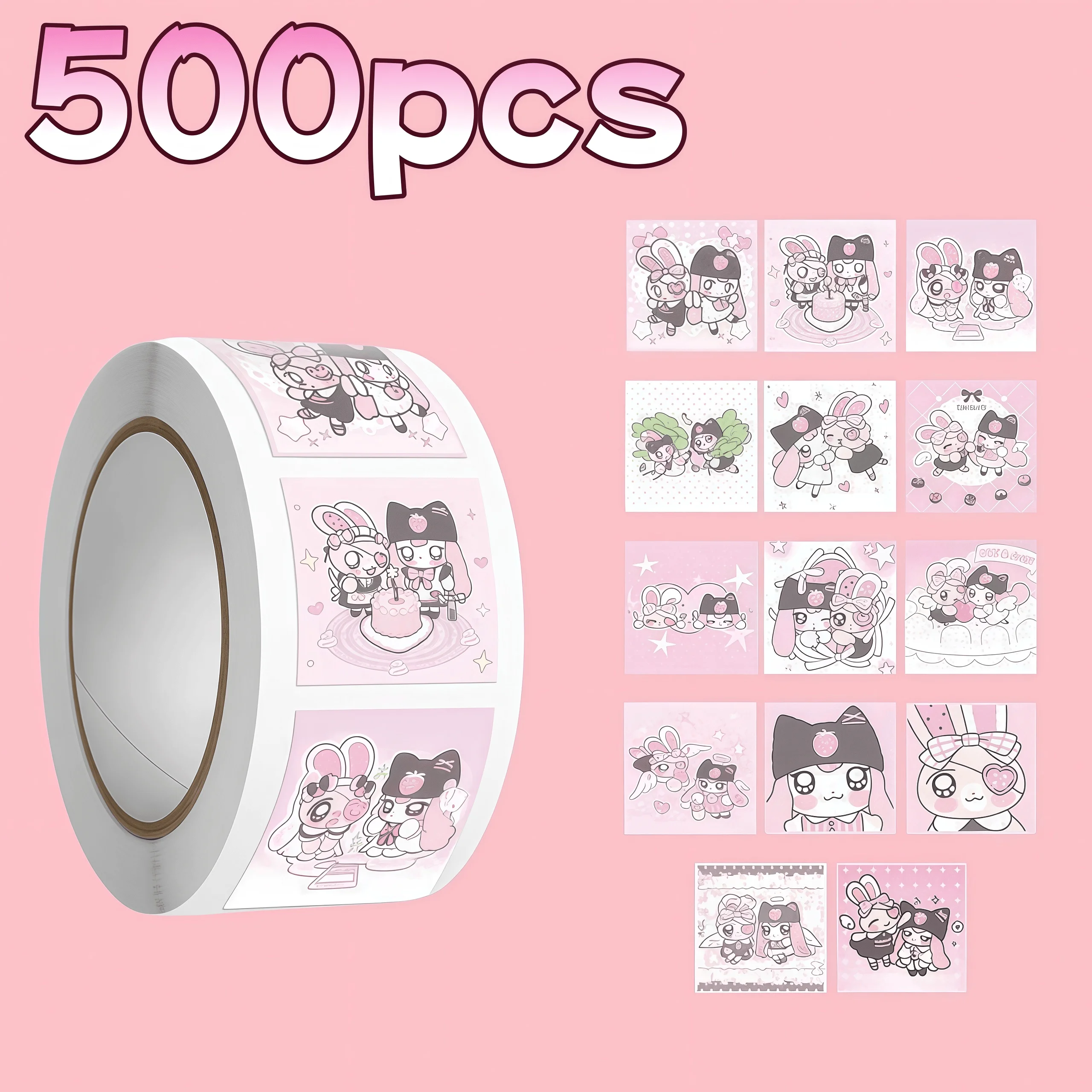 500Pcs Pink Cartoon Bunny Square Sticker Roll, Cute Sweet Rabbit Pattern Labels for Gift Packaging Journal Scrapbook DIY Decor
