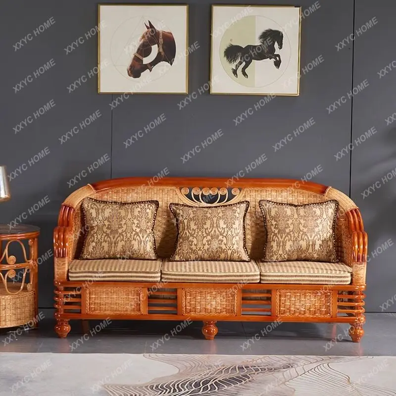 Living room rattan rattan art sofa three-person bamboo rattan sofa furniture