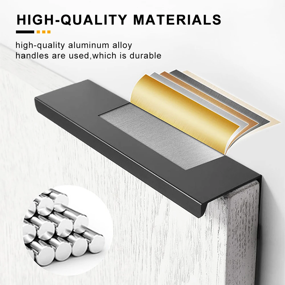 Aluminum Hidden Handles for Furniture Black Silver Gold Kitchen Cabinet Handles Closet Cupboard Door Handle Dresser Drawer Knob