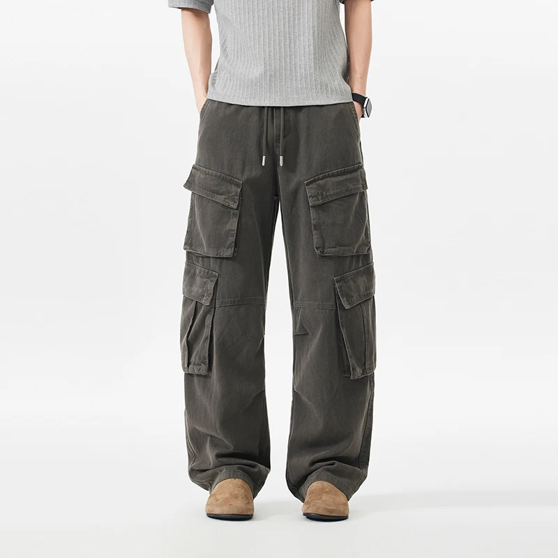 

Мужские винтажные брюки-карго, тонкие повседневные однотонные брюки с множеством карманов, прямые брюки для активного отдыха, уличная одежда, удобные свободные брюки