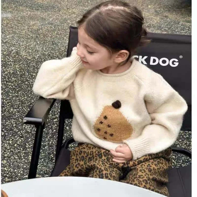 

Свитер для девочек, осень-зима 2022, новый модный корейский детский жаккардовый вязаный свитер с круглым вырезом