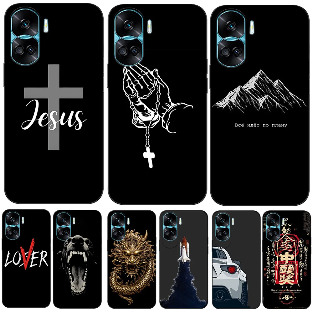 For honor 90 lite case soft silicon phone back cover black tpu case simple pattern jesus cross