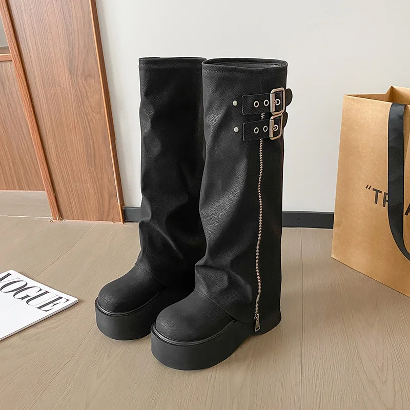 Trouser Legs Long Boots For Women High-Top Leather Belt Buckle Botas Largas De Mujer Side Zipper Shoes Platform Wedges High Heel