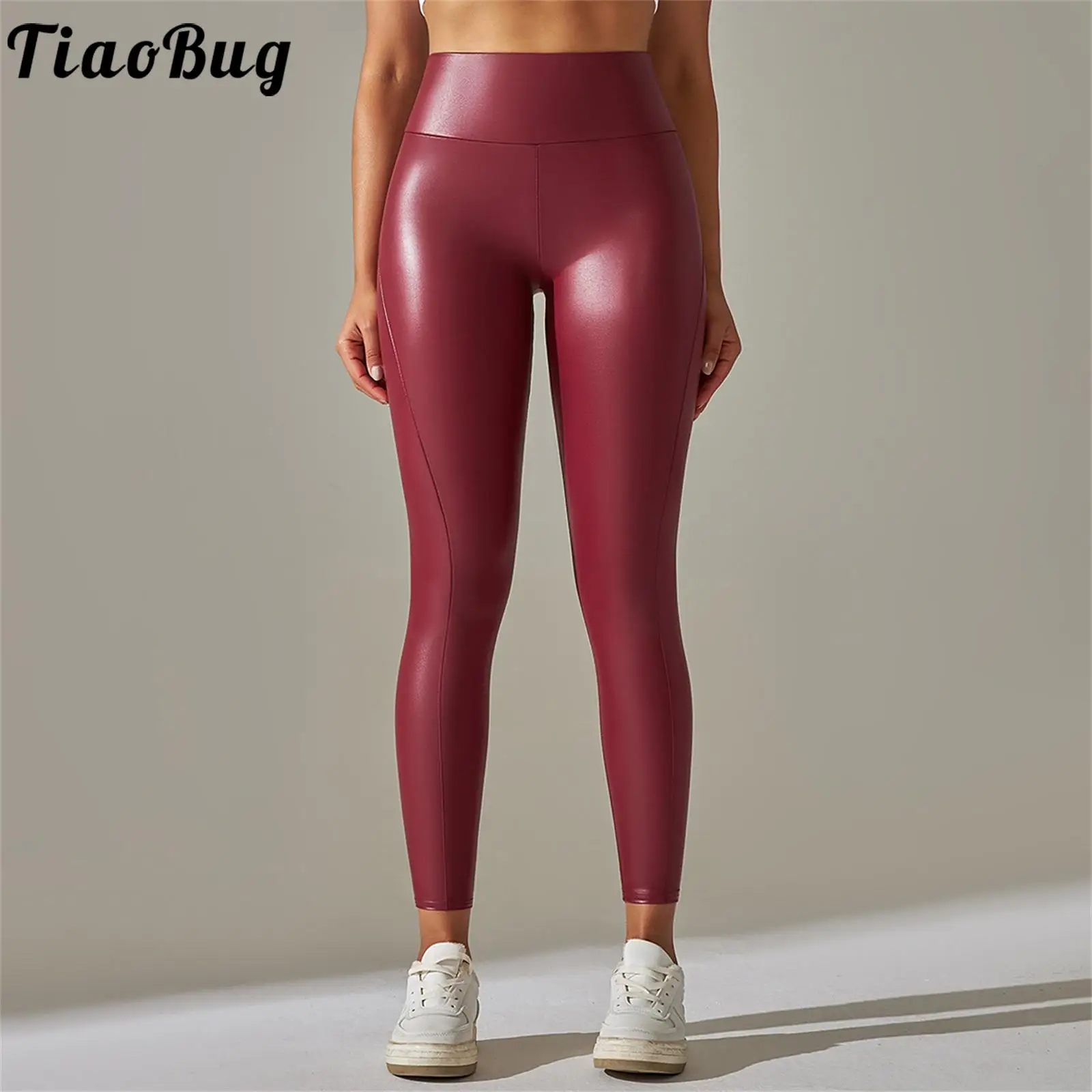 Womens Glossy PU Leather Yoga Leggings Running Gym Fitness Workout Breathable Trousers High Waist Stretchy Tight Pants for Party