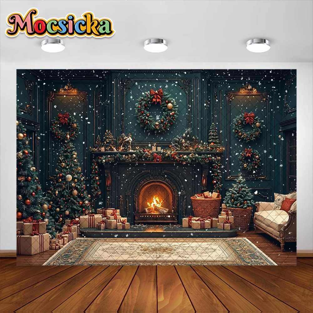 ฤดูหนาวคริสต์มาสการถ่ายภาพพื้นหลังXmas RoomเตาผิงGarlandของขวัญตกแต่งวันหยุดผู้ใหญ่เด็กPortrait Photo Studio Prop
