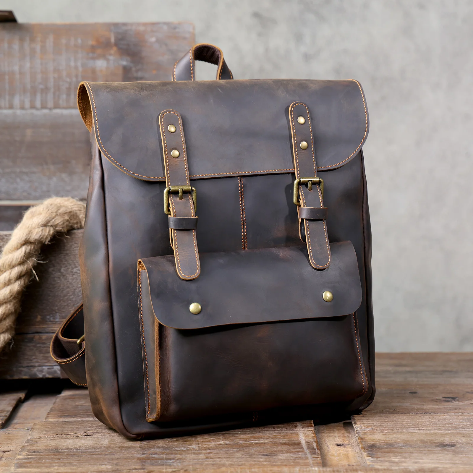S.WORKER Vintage Echtleder Herrenrucksack Handgefertigte Top-Grain-Leder Laptop-Umhängetasche Crazy Horse Tasche Mode für Männer – Detail 8