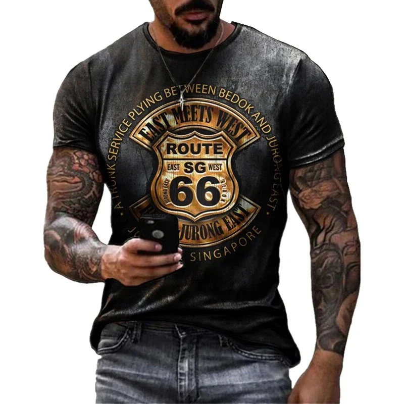 Summer Fashion America Route 66 Letters Printed O Collared T Shirts Men's Shirts Oversized Loose Clothes Vintage Short Sleeve