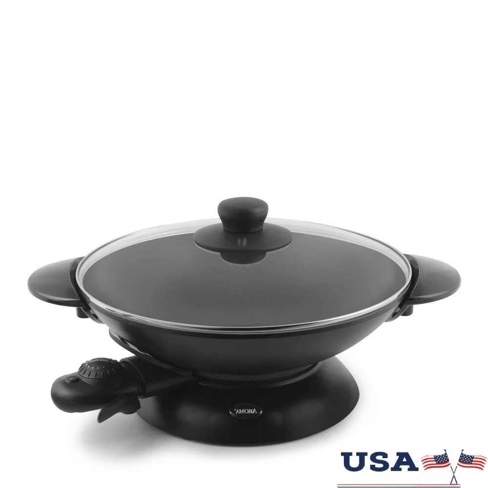 

Professional Electric Wok 5Qt Nonstick Cookware with Glass Lid Temperature Control Steam Rack Accessories Braising Tempura