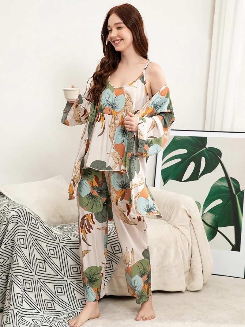 Women's 3 Pcs Leaf Print Sleepwear Set Cami Top And Pants with Robe Comfortable Sleepwear Pajama Set