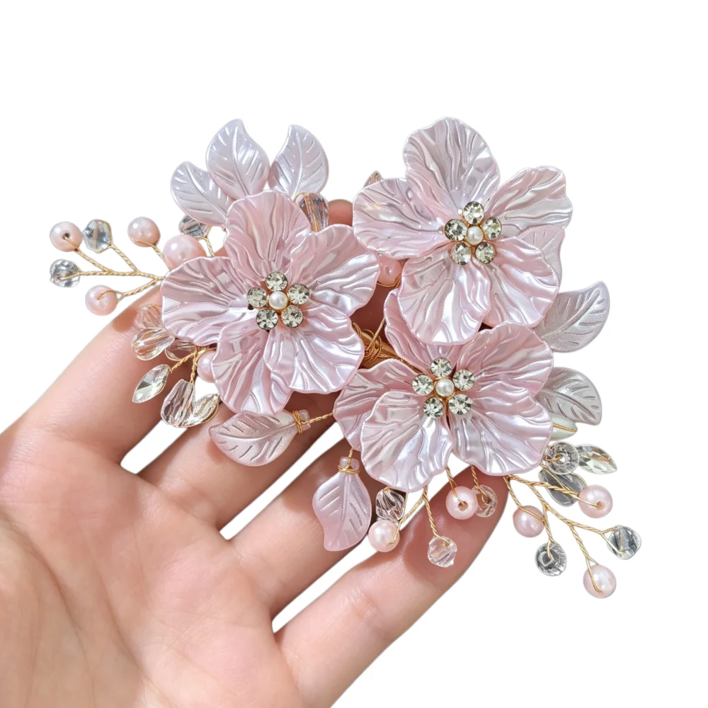 Luxuriöse Braut-Haarspange mit Rosa Blumen, Handgefertigte Perlen-Kristall-Haaraccessoires, Hochzeits- und Party-Blumen-Haarklammer für Damen – Detail 7