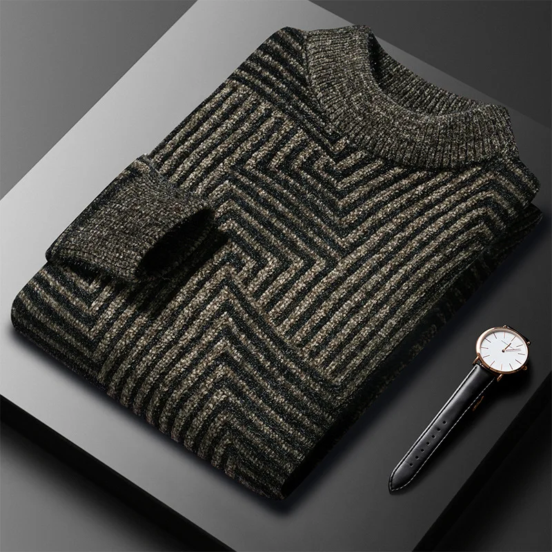 

Autumn and Winter Knitted Thickening Sweater Young and Middle-Aged Half Turtleneck Chenille Mink Keep Warm Elastic Sweater Men