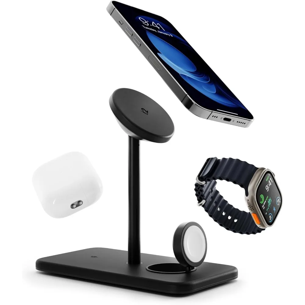 Elegant Wireless Charging Station for iPhone, AirPods, and Apple Watch with US Power Adapter