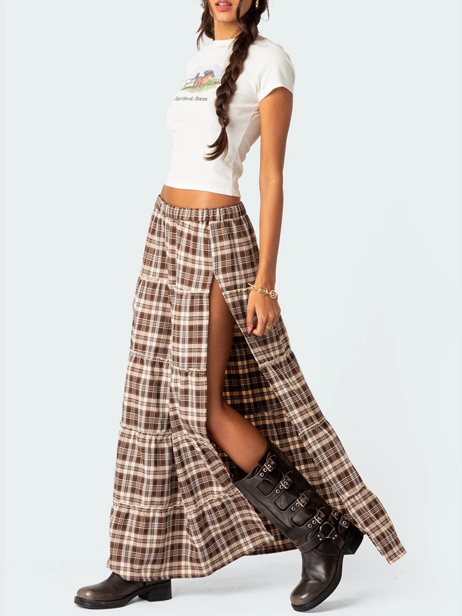 New Fashion Womens Plaid Long Skirts Vintage Elastic Waist Side Slit Tiered Midi Skirts Casual Flowy Skirts Skin Friendly S M L