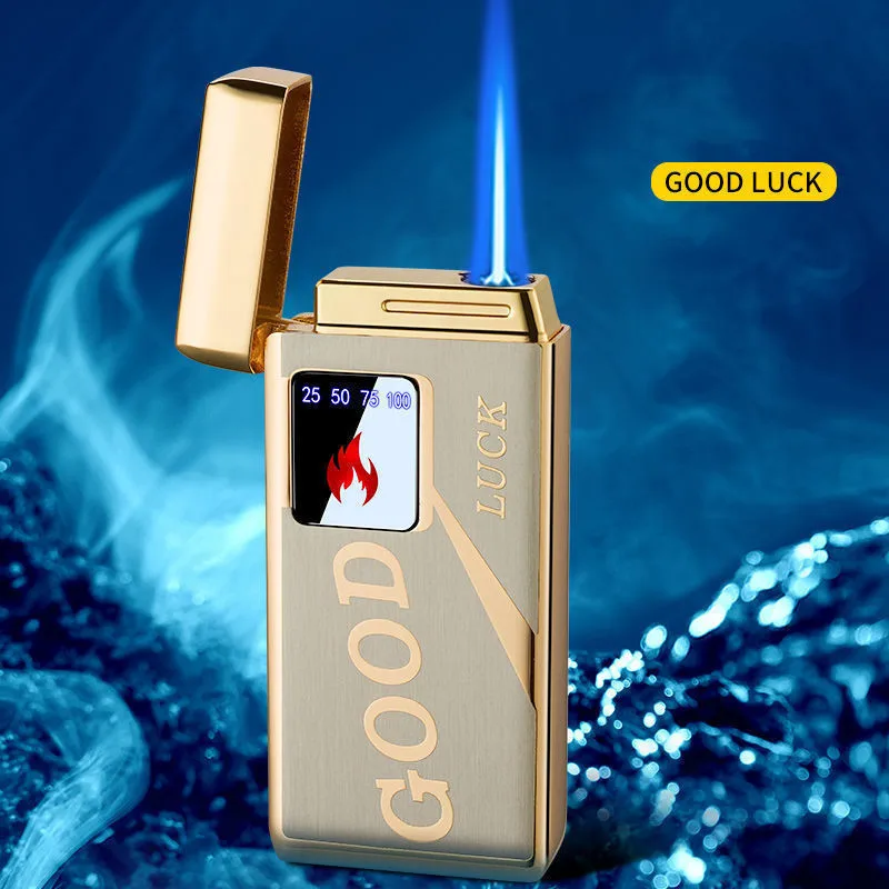 Touch Sensing Metal Outdoor Windproof Electric USB Lighter Turbine Torch Blue Flame Jet Cigar Tool Gas Lighter Battery Display