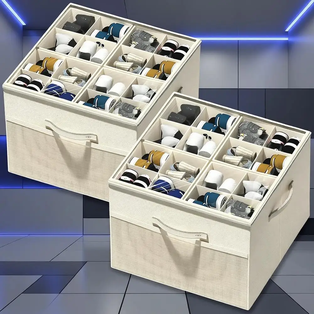 

2-Pack Collapsible Shoe Storage Bins with Adjustable Dividers and Clear Lids for 16-32 Pairs
