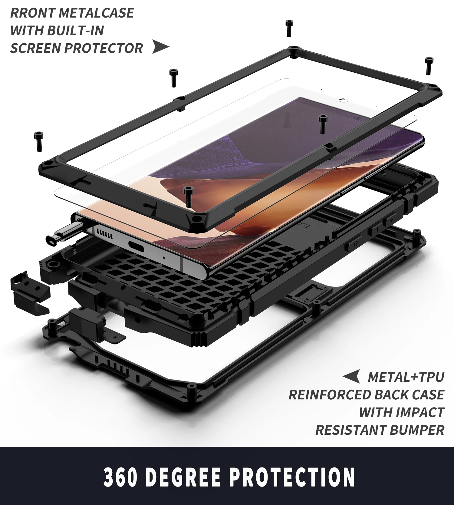 

R-just Heavy Duty Armor Phone Case For Samsung Galaxy Note 20 Note20 Ultra Metal Aluminum Protective Case With Kickstand