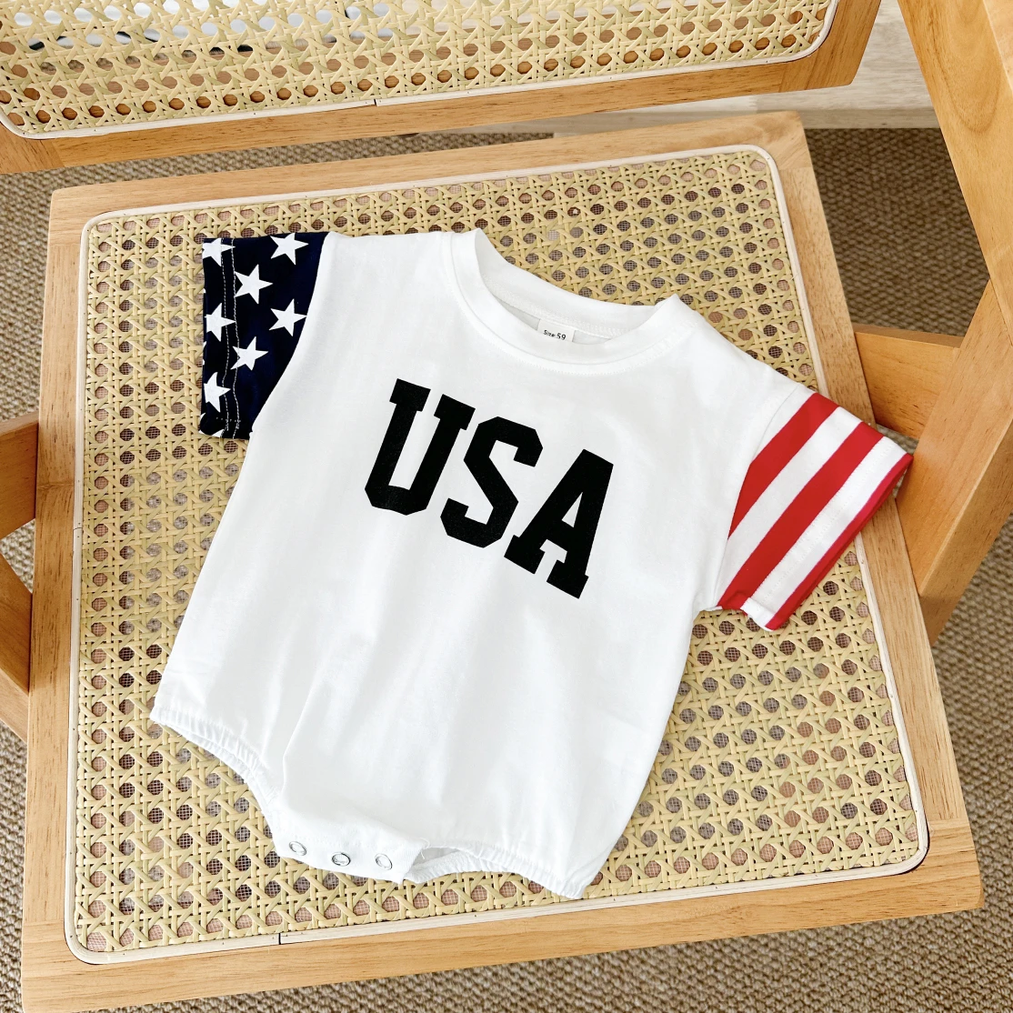 New Spring Summer Baby Boy Girl Clothes Newborn Baby USA Star Splicing Sleeve Crawler Bodysuits Cotton Jumpsuits Infant Suit