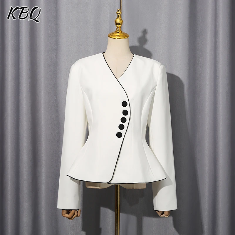 معاطف تونيك للتخسيس بأزرار مقسمة غير رسمية من KBQ للنساء بياقة على شكل V وأكمام طويلة سترات أنيقة بسيطة للسيدات موضة الخريف